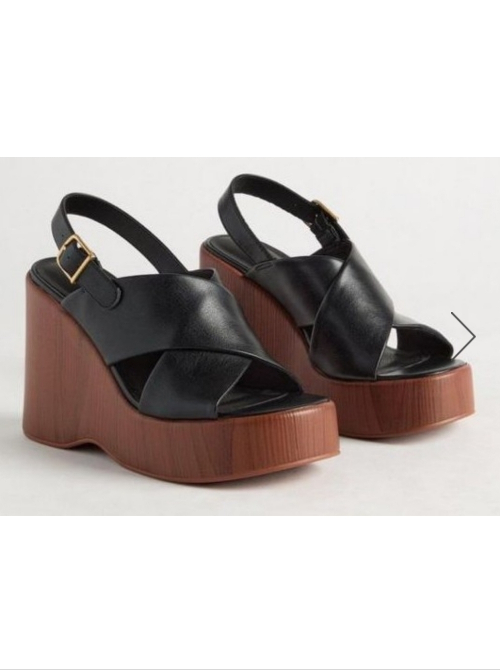 Black Platform Slingback Sandals with Wood-Effect Wedge
